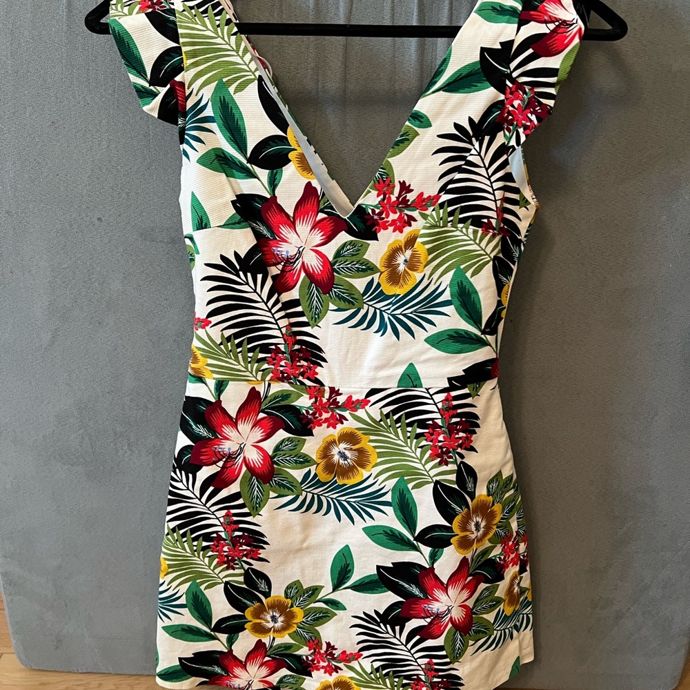 Zara Tropical Floral Flutter Sleeve Cut Out Back Skort Romper Jumpsuit - size S